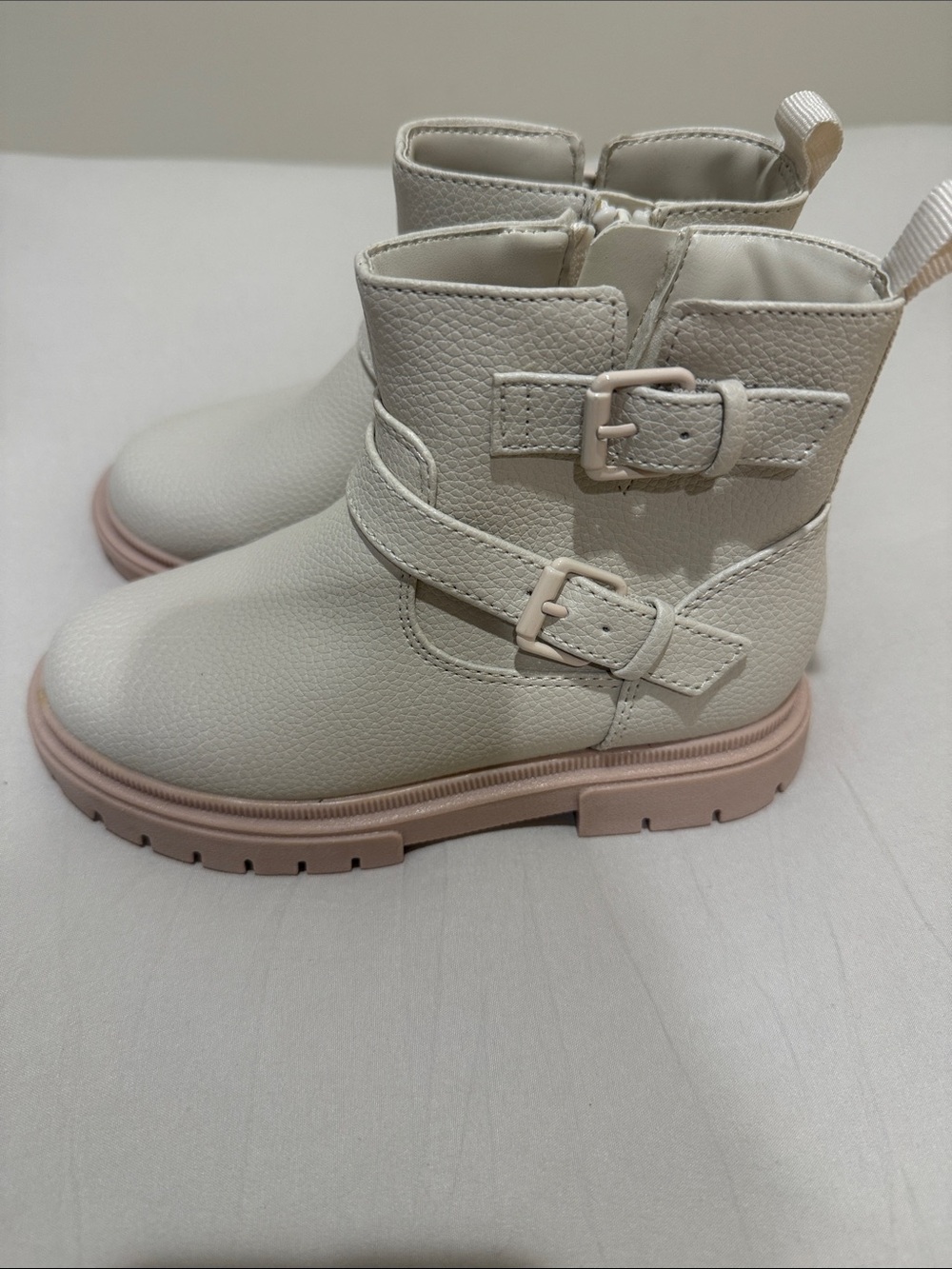 Cat & Jack kids Cream Ankle Boots with Pink Sole and Buckle Detail